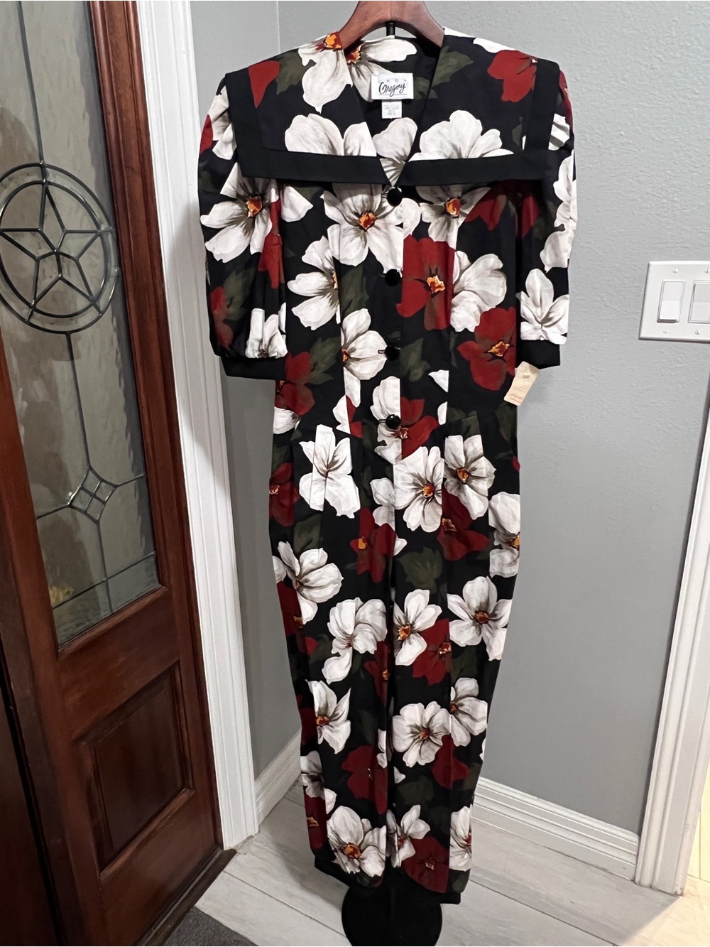 Vtg 90s Lady Gregory Floral Jumpsuit NWT Sailor Collar Cotton Padded Shoulder 12
